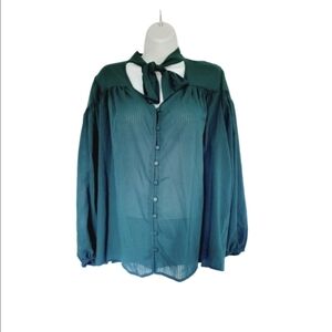 Time and Tru Green  L (12-14) NWT Officecore Tie Neck Business Casual Blouse
